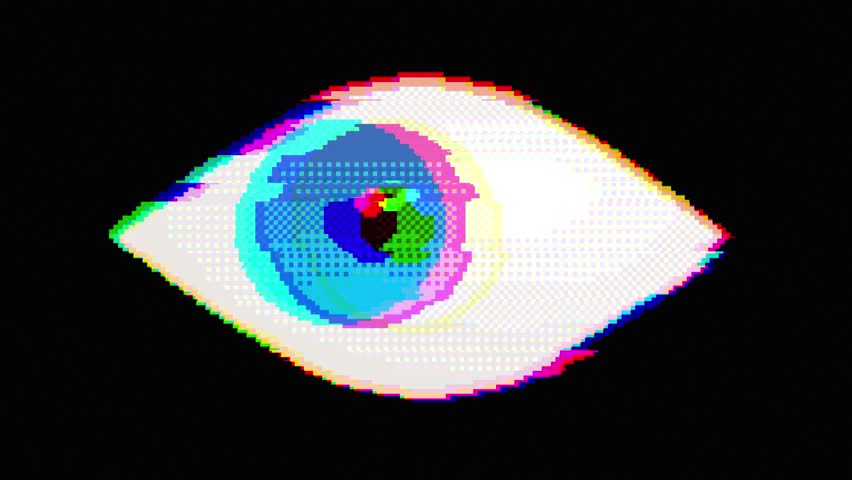 Loop animation of a single pixel art eye moving side to side with RGB glitch effect on black background. Stylized digital motion in retro aesthetics.
