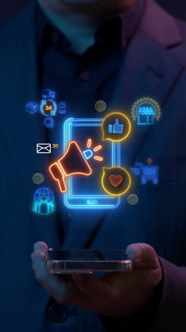 Digital marketing concept, promotion of brands and products using digital channels like the internet, social media, email to connect with potential customers. Mobile marketing icon on virtual screen.