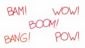 Animation comic expression text in hand draw doodle style. Colorful 2d motion word phrase bam, boom, wow, bang, pow for emotion isolated on white background.  - Powered by Shutterstock - Get 15% off with code: PIKWIZARD15