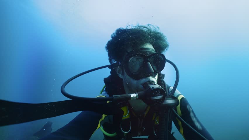 Scuba diver doing safety OK underwater sign, enjoying deep diving in the ocean