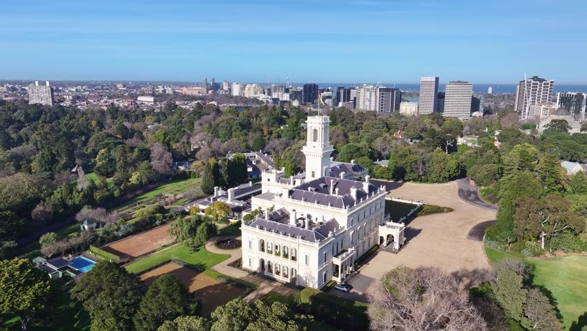 Aerial around Melbourne Government House showcasing pool and tennis courts