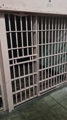 Vertical View of Alcatraz Prison Cells, Metal Bars on Lower and Upper Levels, California USA
