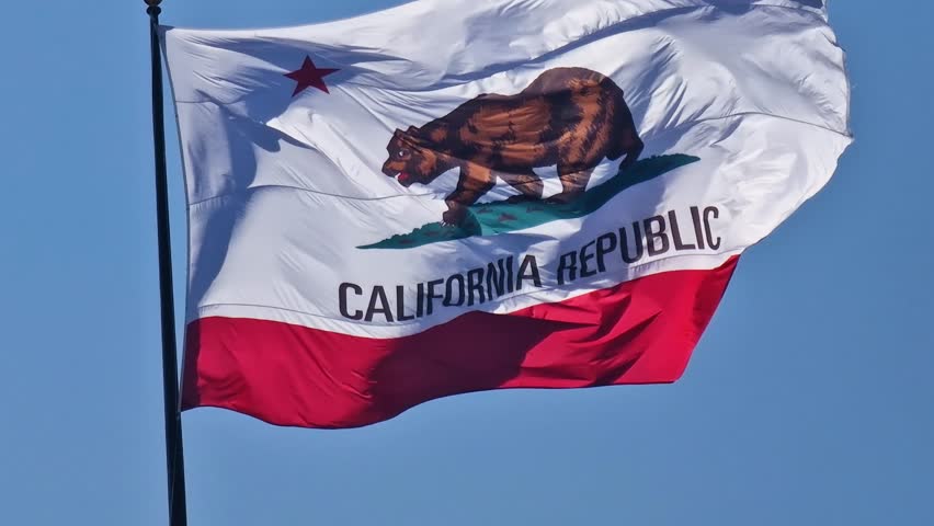 California State Flag Waving on Pole on Sunny Day, Close Up Slow Motion