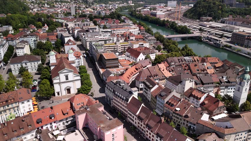 Olten town in Switzerland Aare river Solothurn canton aerial drone old city above