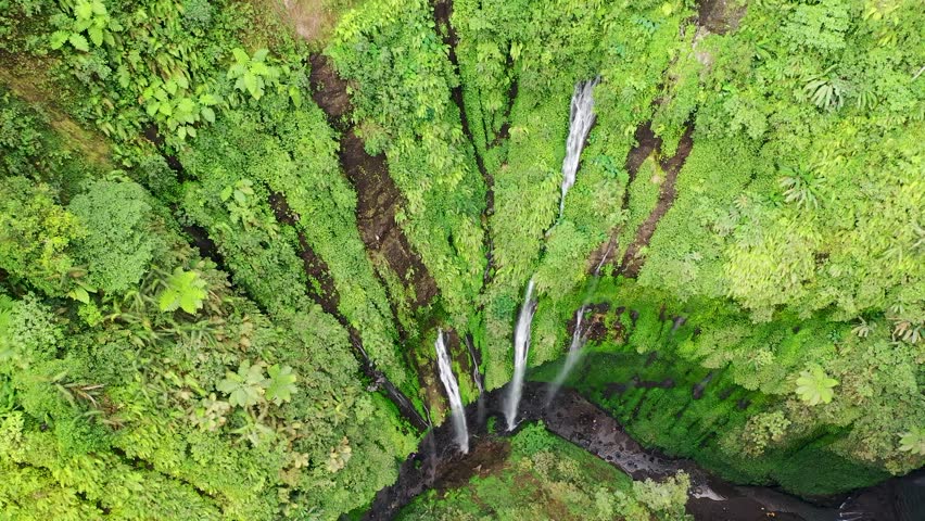 Aerial view unveils the majestic Madakaripura Waterfall, its slender cascades slicing through emerald cliffs and forming a surreal natural amphitheater surrounded by vibrant tropical foliage.