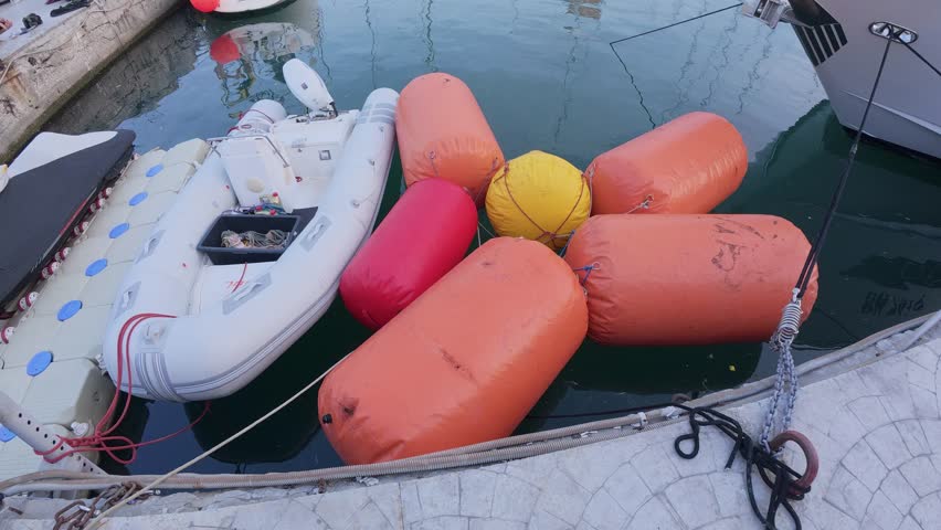 Colorful inflatable boat bumpers floating in water near a dock, protecting vessels in a marina. Close-up view of maritime safety equipment