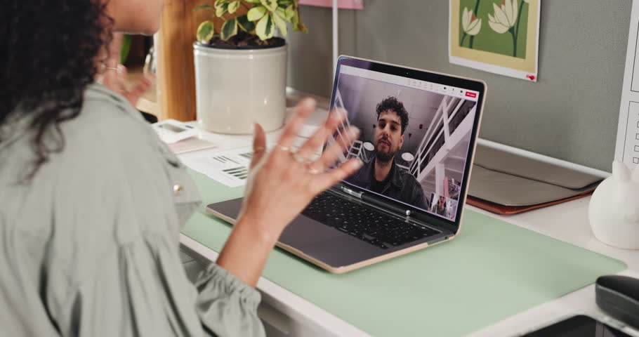 Laptop screen, video call and business people talk for financial update, review or explain idea. Computer, webinar and team conversation for online meeting, investment or project briefing in office