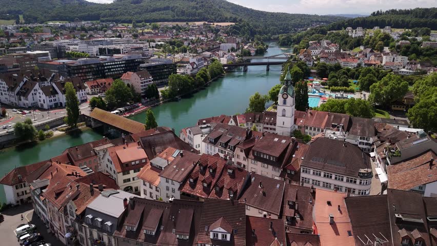 Olten town square old alpine city Aare river Switzerland Solothurn canton drone aerial