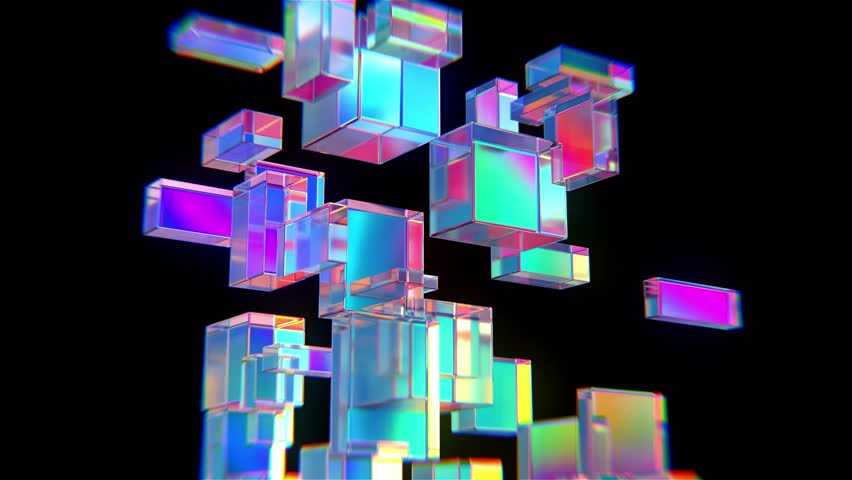 Abstract 3d glass cubes flying loop animation. Geometric figure in holographic color on a black background. Pink shape object and design element.