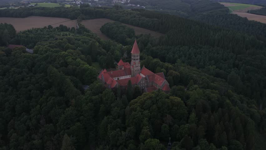 The Monastery Abbey of Clairvaux, Luxembourg. Aerial video. Historic building. Benediktinerabtei hellege Moritz, Abbaye Saint-Maurice et Saint-Maur de Clervaux