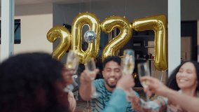 Toast, new years and people with balloons, celebration or bonding together with holiday. Alcohol, champagne or friends with smile, social gathering or gratitude with food, event or excited with break - Powered by Shutterstock - Get 15% off with code: PIKWIZARD15