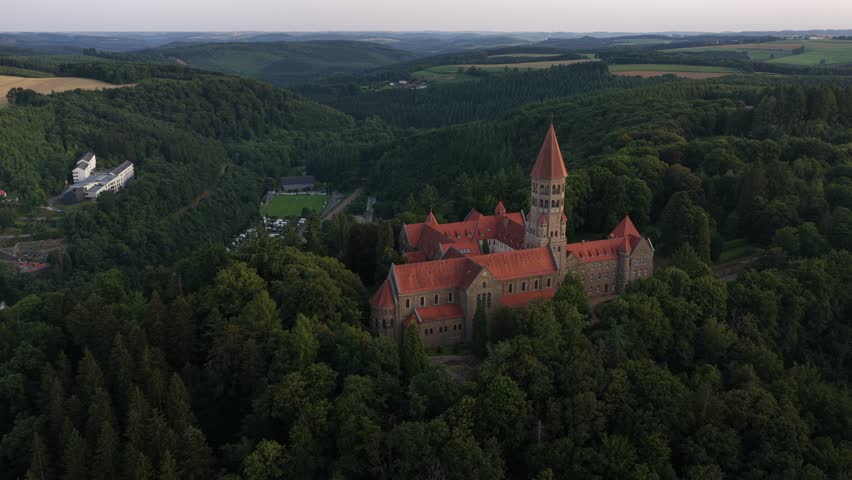 The Monastery Abbey of Clairvaux, Luxembourg. Aerial video. Historic building. Benediktinerabtei hellege Moritz, Abbaye Saint-Maurice et Saint-Maur de Clervaux