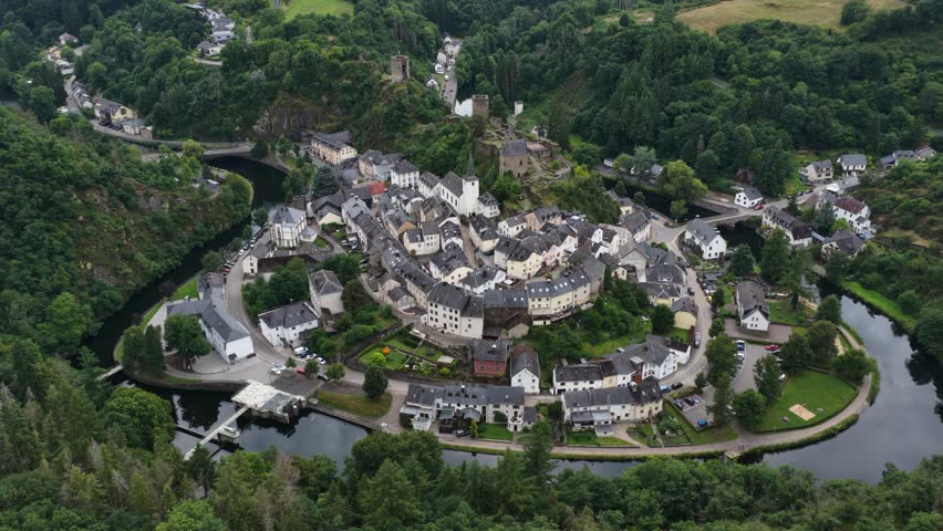 Esch sur sure, Luxembourg, historic small village in the North of Luxembourg. Aerial video.
