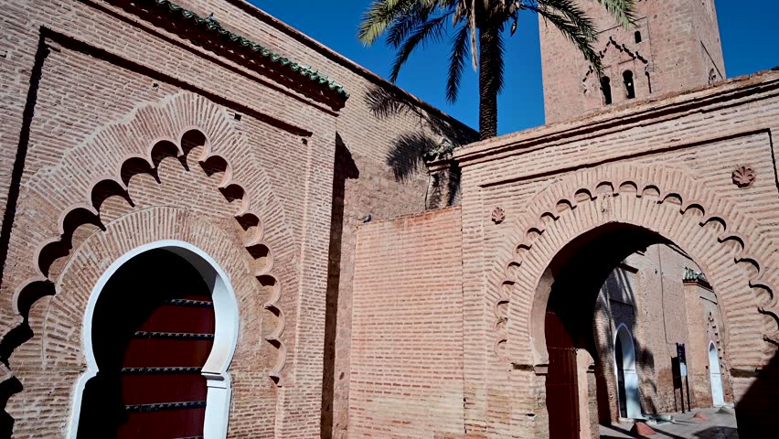 View panning up of La Koutoubia Mosque in Marrakech, Morocco