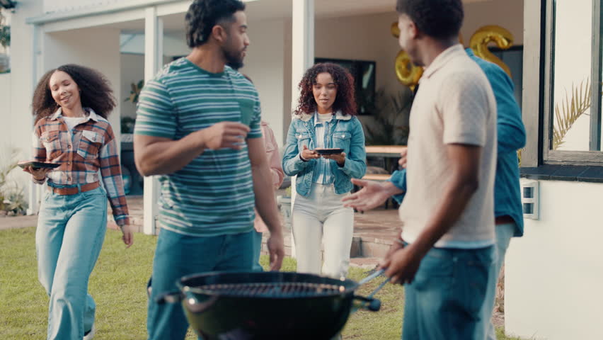 Cooking, bbq and help with friends in backyard of home for party, social reunion and food. Celebration, summer holiday and meat grill with people in garden of house for barbecue, cookout and lunch