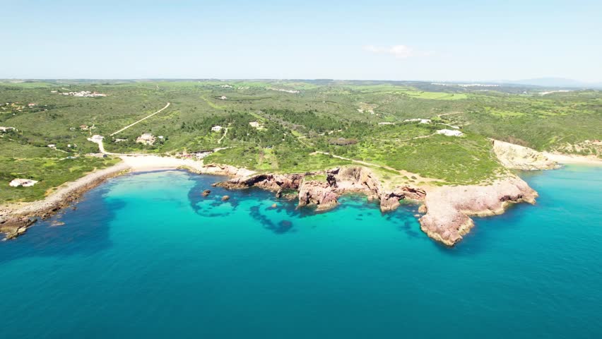 Picturesque Landscape Of Calm Blue Sea, Cove And Turquoise Water. - aerial shot