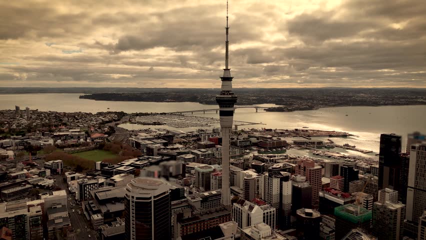 Drone Shot Of Famous High Rise Sky Tower, Auckland City, New Zealand
