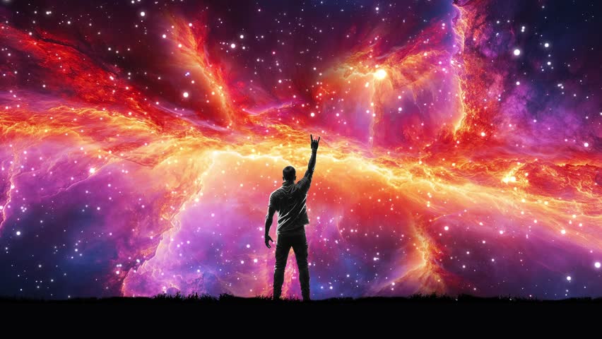 Man stands with his back to the viewer, raising his hand in a "rock on" gesture against a stunning cosmic backdrop. spirit of adventure and the quest for freedom in the universe. Looped animation.