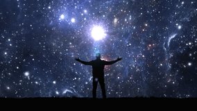 Man stands with arms wide open under a star-filled night sky, embracing the vastness of the universe. Bright celestial light shines above, symbolizing wonder, connection. Looped repetitive animation. - Powered by Shutterstock - Get 15% off with code: PIKWIZARD15