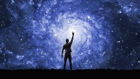 A man stands before a swirling galaxy, raising his hand in the iconic rock'n'roll gesture blending cosmic wonder with rebellious spirit and boundless imagination. Looped repetitive animation. - Powered by Shutterstock - Get 15% off with code: PIKWIZARD15
