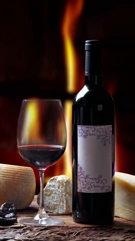 Bottle and glass of wine with special cheeses