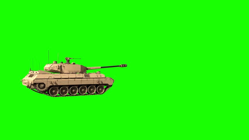 Battle tank firing on green screen background