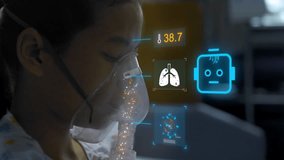 Child using nebulizer with AI robot medical interface displaying lung scan, temperature, and health analysis - Powered by Shutterstock - Get 15% off with code: PIKWIZARD15