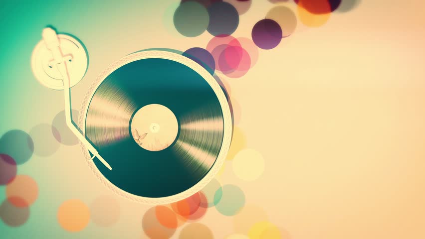 Stylized animation frame of a spinning vinyl record on a turntable, featuring retro-inspired colors and a nostalgic atmosphere. Ideal for concepts related to vintage music, analog sound.