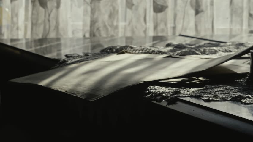 Antique classical violin lays on piano, soft window light SLIDE reveal