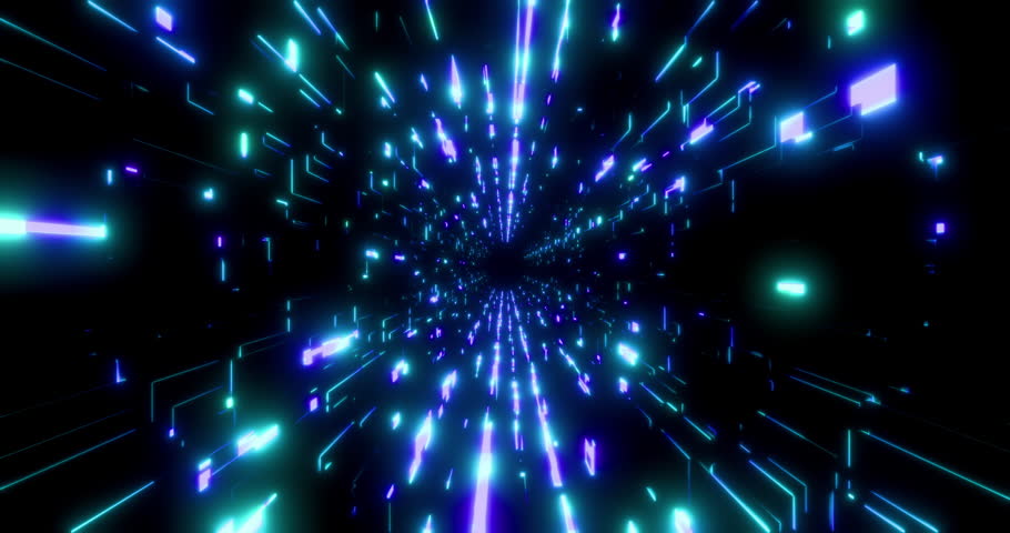 Futuristic glowing neon rays background. Shining blue lines rotate in perspective. Bright retro digital cyberspace. 4K 3D rendering loop animation.
