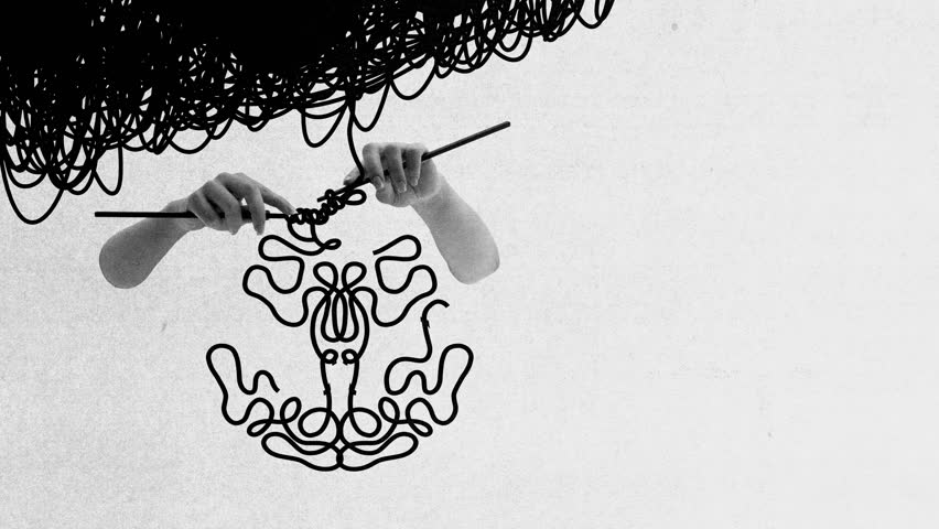 Ad template. Unraveling doubt. Brain almost complete but dark yarn trails off, symbolizing self-doubt, hesitation and fragile thoughts. Concept of motivation, life coaching, wellness