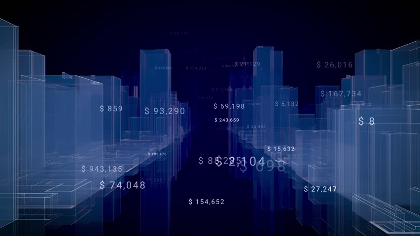 Price numbers HUD City flying typography blue background flying digital text. looping. 3D Illustration