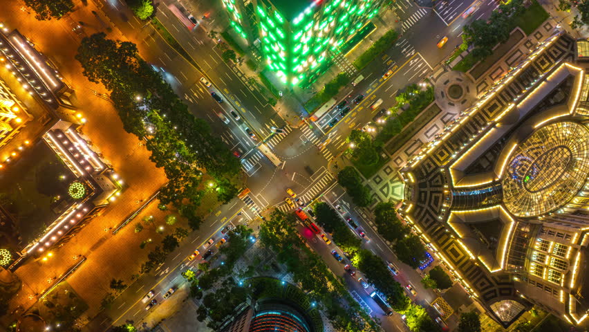 Aerial view of Traffic at night in Taiwan.