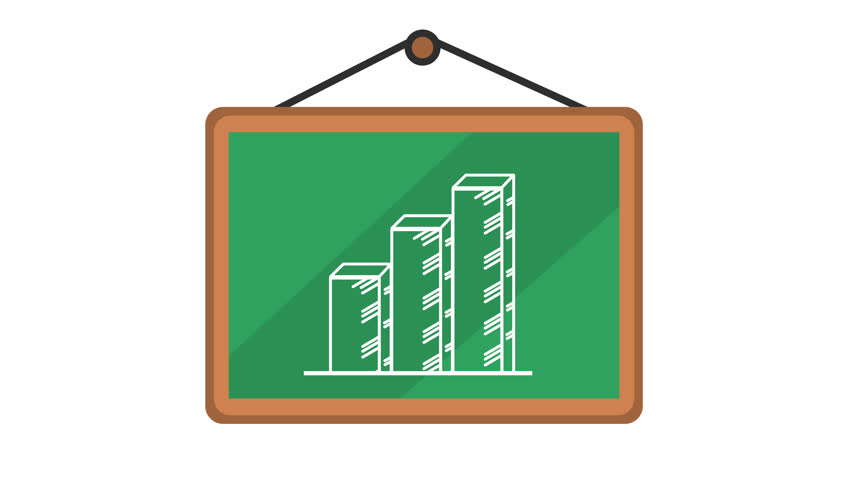 Chalkboard with a growth infographic bar chart in cartoon animation. Learning progress and business strategy icon. Educational data presentation symbol. Alpha channel. Seamless looping.