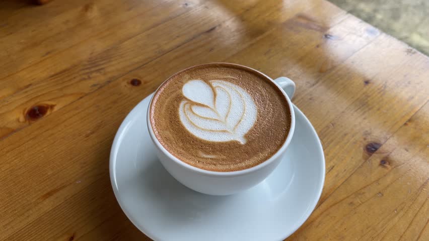 A beautifully crafted latte with leaf-shaped latte art sits on a white saucer atop a wooden café table, ready to be enjoyed