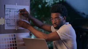 African American business man architect in night evening office businessman measuring ruler design project draft architecture plan on desk board ethnic male guy working online laptop writing blueprint - Powered by Shutterstock - Get 15% off with code: PIKWIZARD15