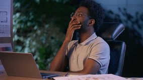 Thoughtful businessman African American business man designer thinking design project consider architecture plan online late working in dark night office typing laptop architect think creative ideas - Powered by Shutterstock - Get 15% off with code: PIKWIZARD15