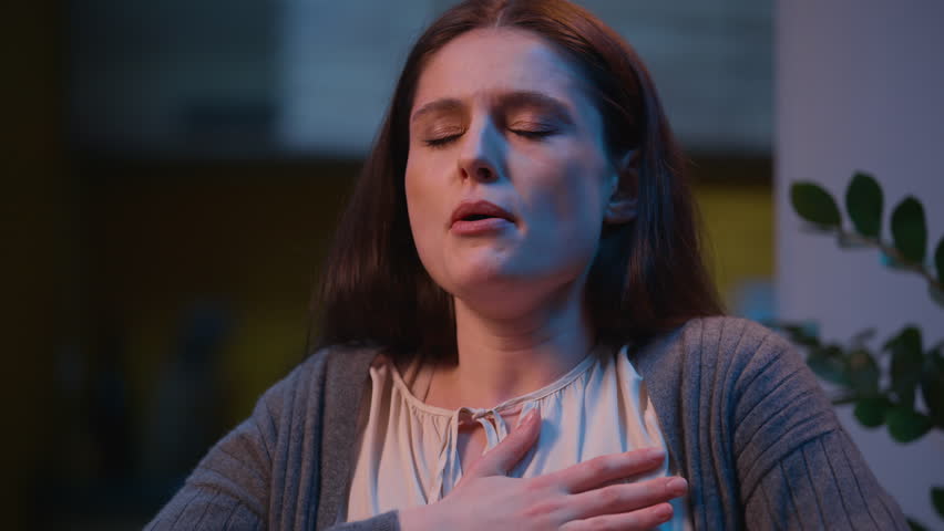 Woman feel bad heartache chest suffer pain heart cardiac disease panic attack problem health at night home stressed Caucasian girl help medical hurt in breast pressure sick unwell female feel symptom