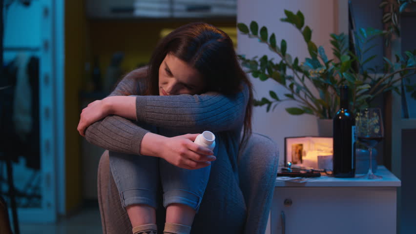 Woman disease pills drugs addict unhealthy feel bad health problem sad Caucasian girl unwell sick drink alcohol painkiller addiction medicine sleeping problem insomnia antidepressant stress faint home