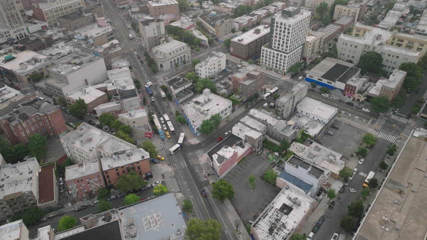 Aerial view of buildings in The Bronx. Shot on an overcast morning in New York City.