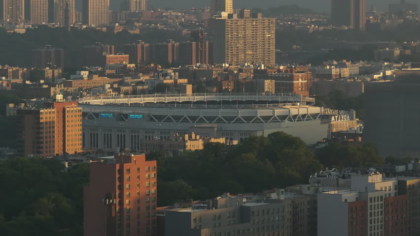 Aerial view of Yankee Stadium at sunrise. Shot on a summer morning in New York City