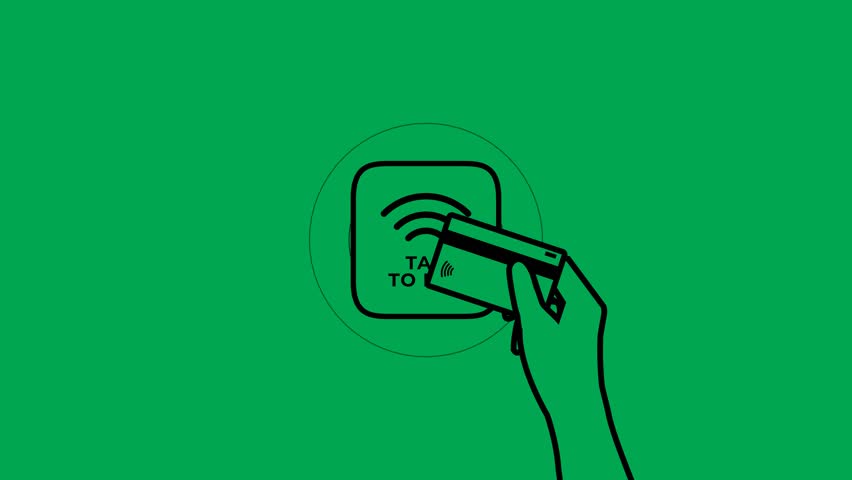 Tap to pay contactless outline animation with hand holding credit card near payment terminal in black and white on green screen. 4K animated for transaction explainer, business, and online payment.