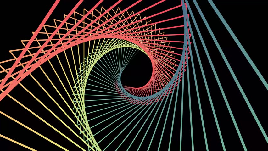 Colorful abstract animation background with swirling lines in red, green, blue and yellow against a black backdrop. Dynamic and modern geometric visual effect