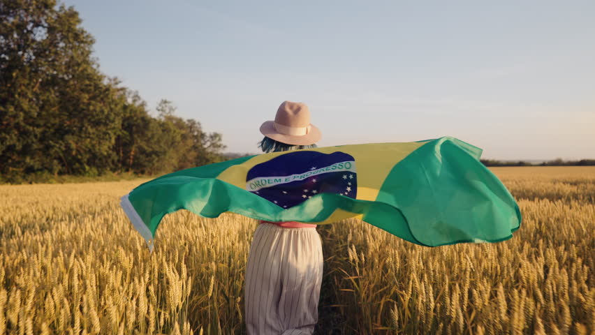 Brazilian Woman Running Through Wheat Field Holding National Flag, Football Fan
