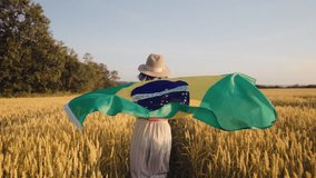 Brazilian Woman Running Through Wheat Field Holding National Flag, Football Fan - Powered by Shutterstock - Get 15% off with code: PIKWIZARD15