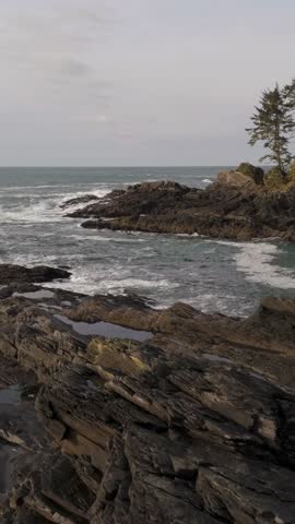 Powerful Ocean Waves Crash Against Rugged Coastline on Vancouver Island, British Columbia, Canada
