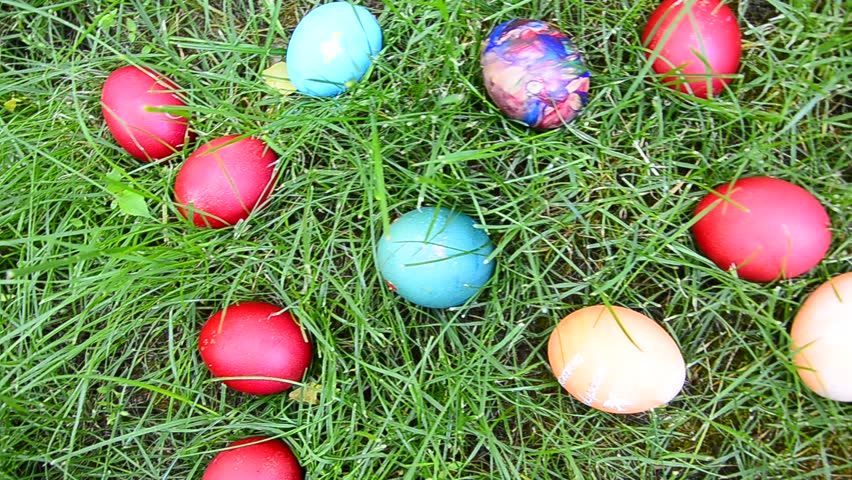 Easter eggs hiding in the grass, wide shoot