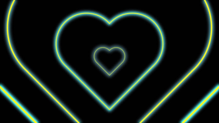 Neon heart in color yellow with blue outer glow looping seamlessly in a transparent background