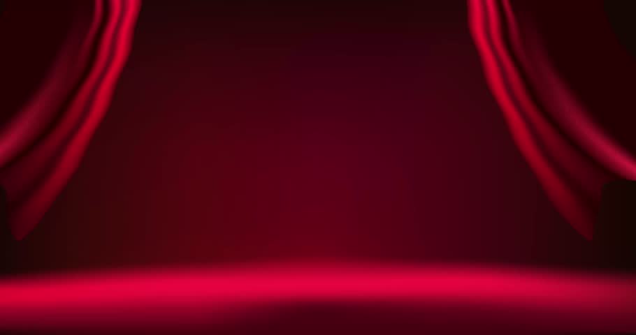 Luxury 3D podium. Moving Advertising banner or background with red spotlight, curtains, stage or platform for product presentation or awarding. Winner Award Ceremony. Realistic 3D animated graphic