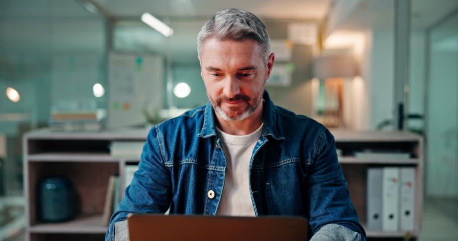 Laptop, face and research with business man in office for article editor, planning and publication. Email newsletter, proofreading draft and journalist story with mature person in agency for report